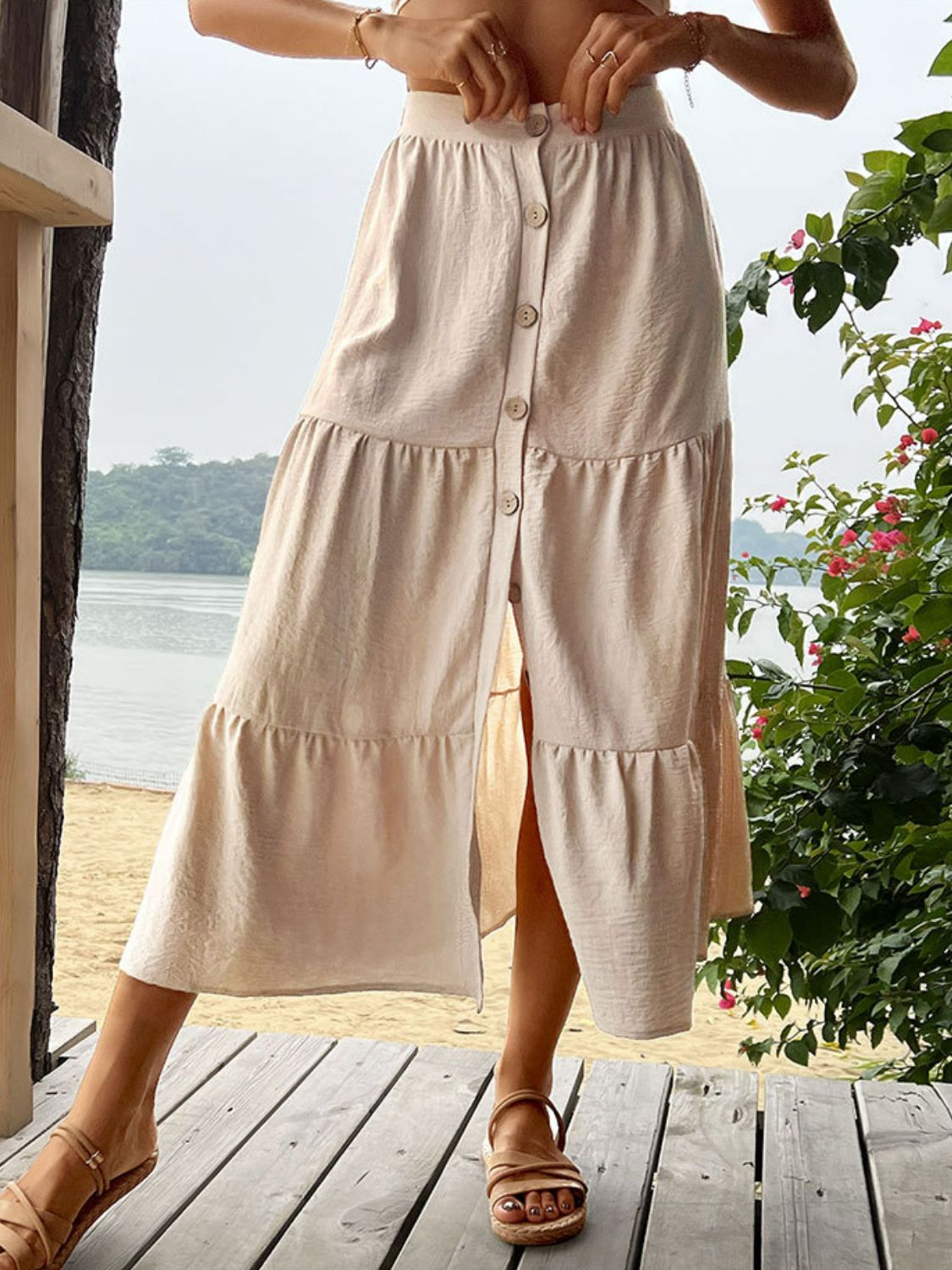 Womens Linen-Like Midi Maxi Skirt with Functional buttons, tiered silhouette, elastic stretch waist | beach, vacation, island, summer, getaway, cruise apparel