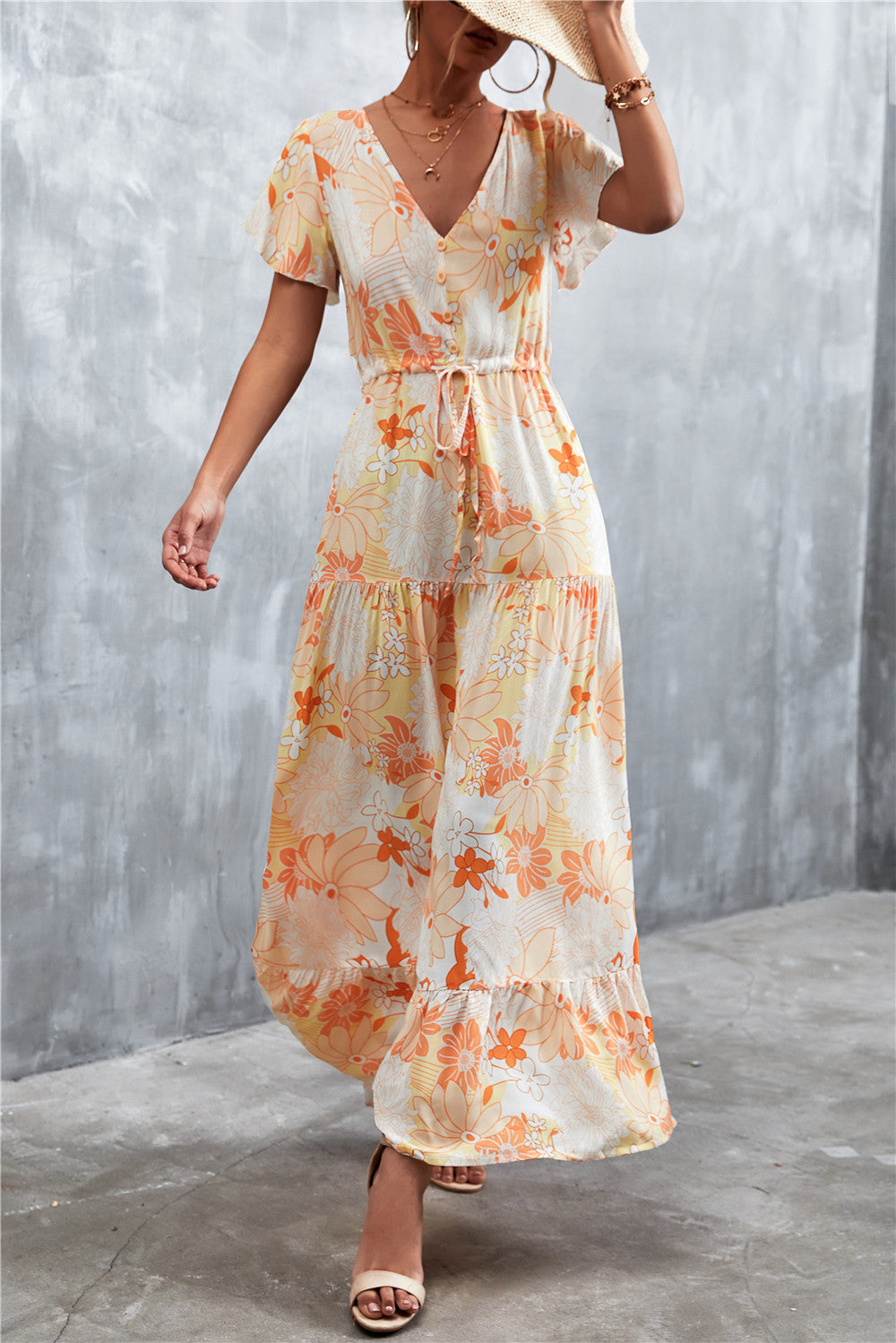 Floral Buttoned Drawstring Waist Tiered Dress | 3 colors |