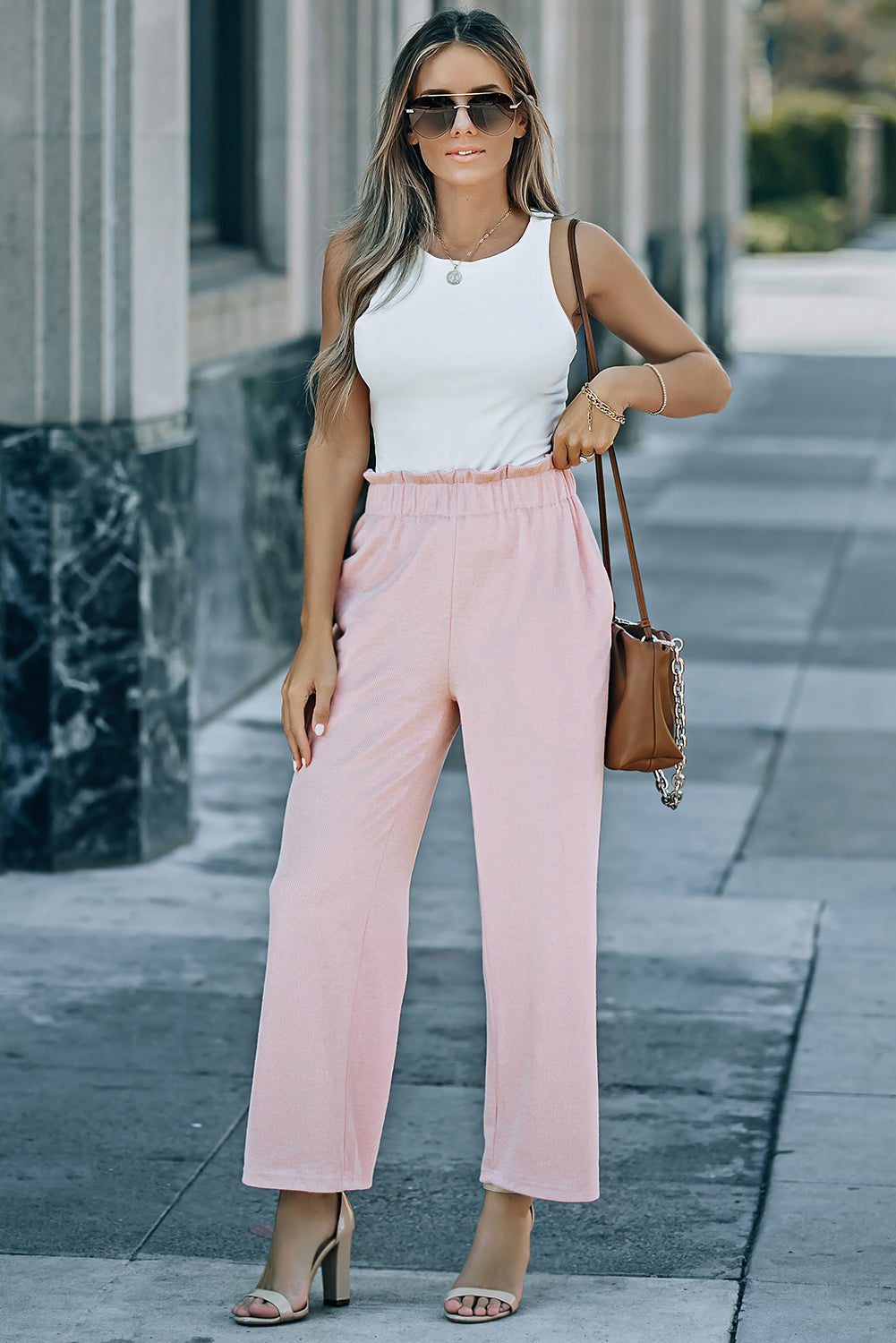 Pink Polly Paperbag Wide Leg Pants with Pockets