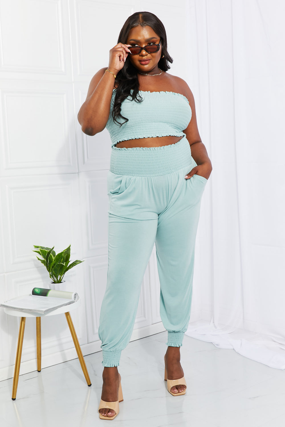 Stephanie Smocked Tube Top & Joggers Set in Green