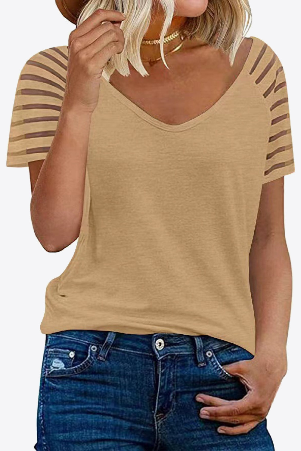Tan Taupe Coffee Toffee Light Brown Beige Womens Sheer Striped Sleeve Tee in 8 colors, Very Highly Stretchy Rayon Spandex Blend Fabric Material, True to Size Fit, Shortsleeve Tee, V-Neckline