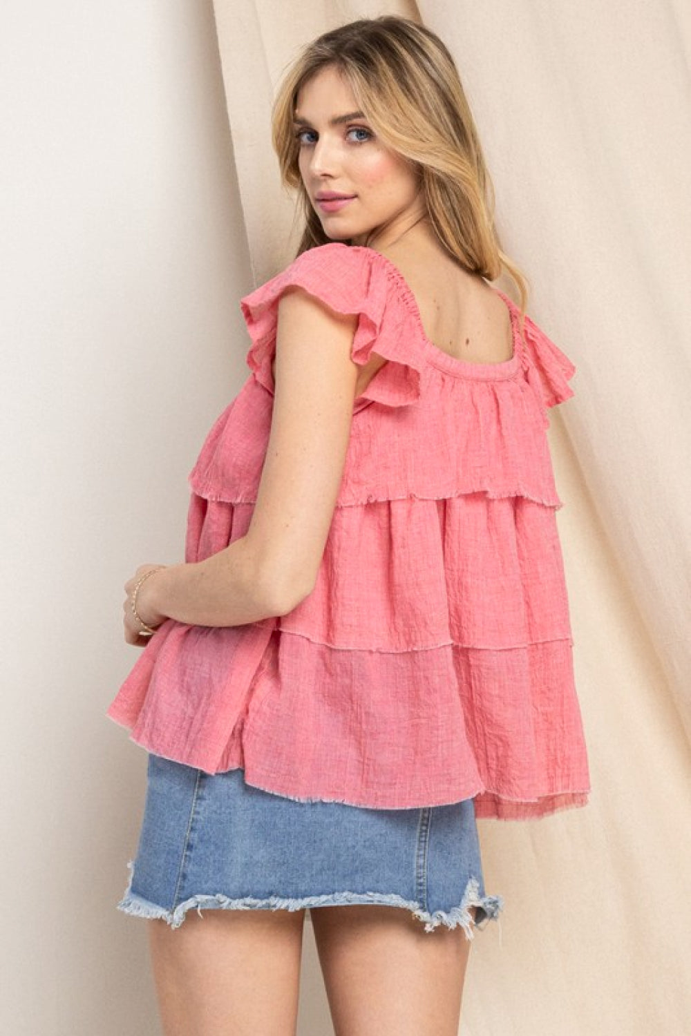 Buttoned Ruffled Top in Strawberry