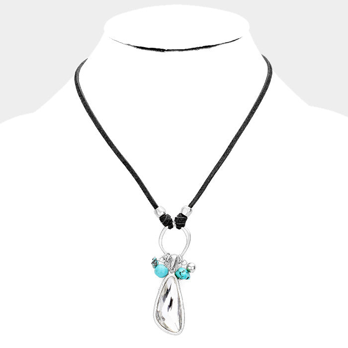 Crystal Bead Turquoise Stone Pendant Necklace |Black or Brown|