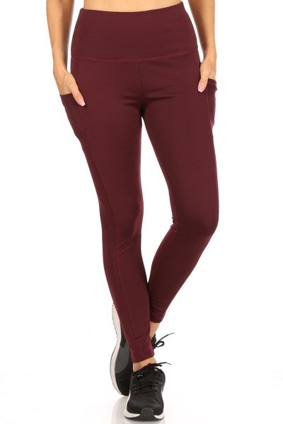 Burgundy Wine Athleisure Leggings with Pockets, Tummy Control, Uplifting Hold & Stretch.