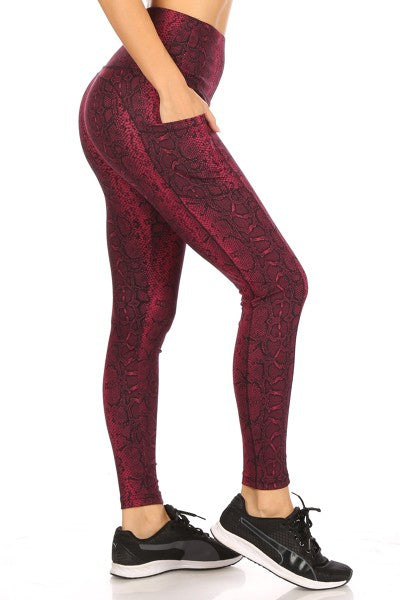 Magenta Pink Wine Python Snakeskin Athleisure Leggings with Pockets, Tummy Control, Uplifting Hold & Stretch.