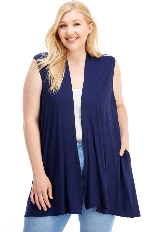 Jo Vest in 8 Solid Colors with Stretchy Fabric, Pockets.  Made in USA. Navy Blue Womens Vest Layering Piece.