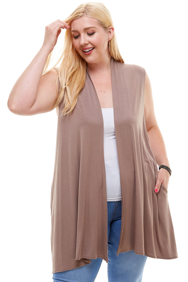 Jo Vest in 8 Solid Colors with Stretchy Fabric, Pockets.  Made in USA. Mocha Taupe Brown Womens Vest Layering Piece.