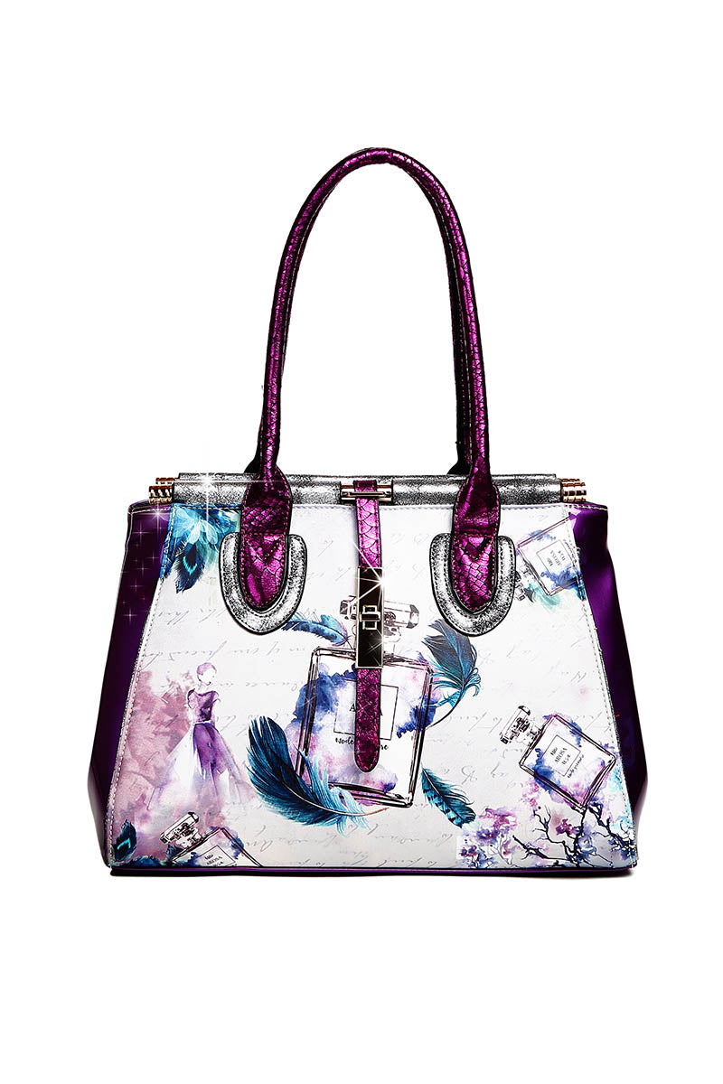 Purple feather double handle handbag with teal and pink accents with perfume, cherry blossom, and graceful female images.