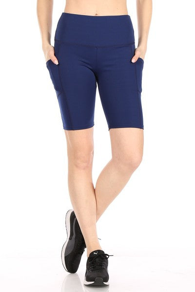 Womens Athleisure Bike Shorts with Pockets in Navy Blue | Benefits: ultimate tummy control layered waistband for shaping and support and four-way stretch for ultimate comfort.