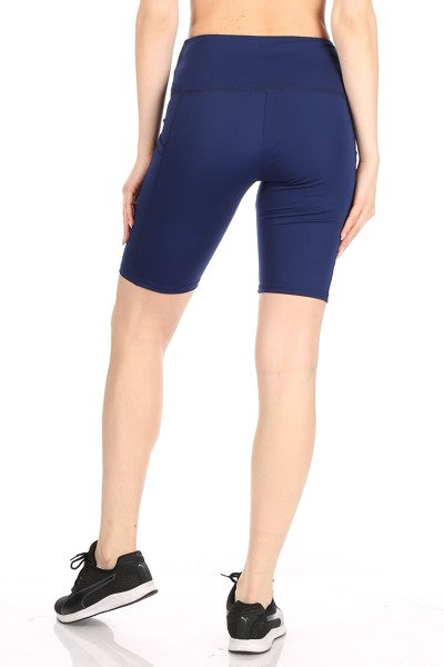 Womens Athleisure Bike Shorts with Pockets in Navy Blue | Benefits: ultimate tummy control layered waistband for shaping and support and four-way stretch for ultimate comfort.