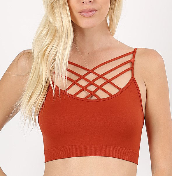 Copper Bronze Rust Seamless Triple Criss-Cross Short Crop Bralette: Soft and Stretchy, Solid Colors, Non-Padded, All Sizes Regular & Plus, Small - 3XL, Bra, Bralette, Criss-Cross, Strappy