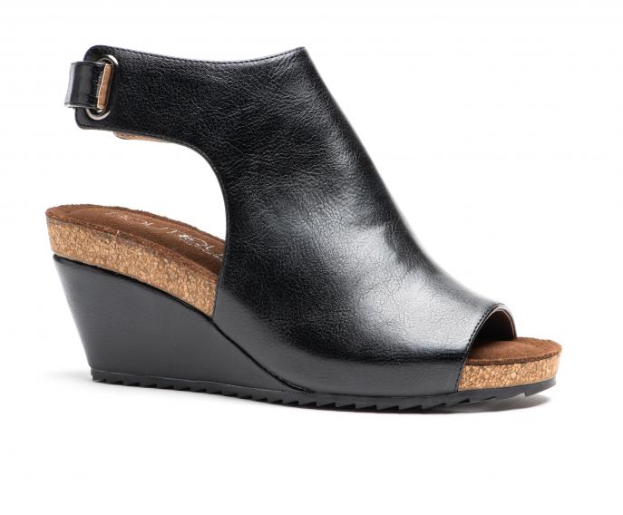 Black Wedge Heel Sandal Shoe with Velcro Strap, Peep Toe, and Comfort Sole.