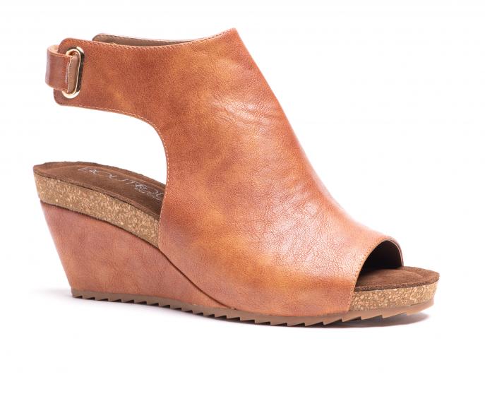 Brown Cognac Wedge Heel Sandal Shoe with Velcro Strap, Peep Toe, and Comfort Sole.