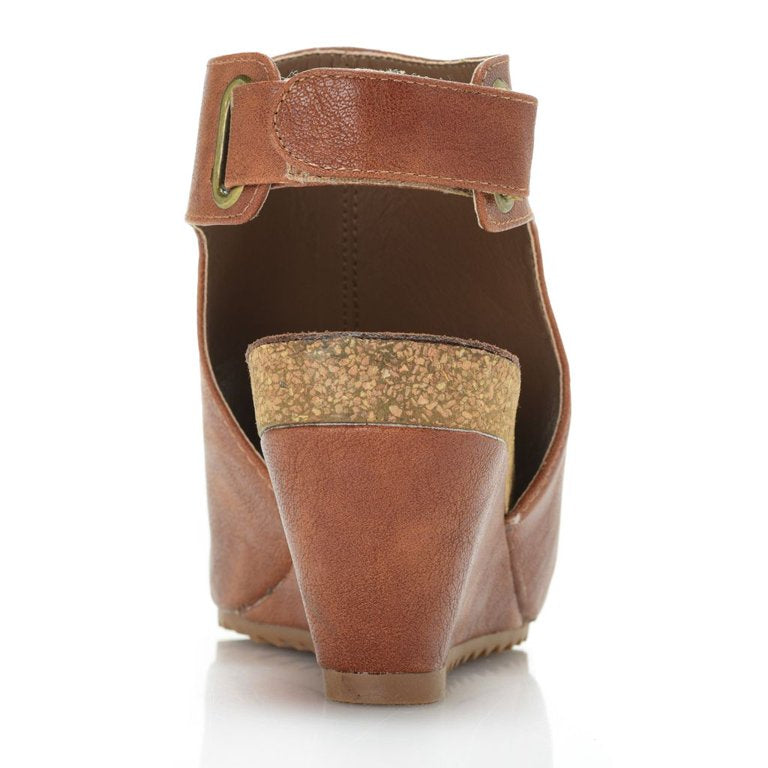 Comfortable Wedge Heel with Memory Foam and Cork Velcro Anklle Heel strap and peep toe in brown cognac color