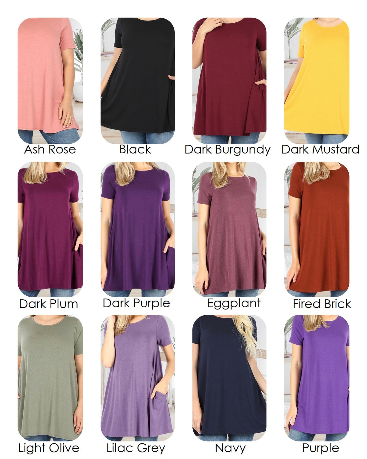 Everyday Solid Basics Womens Shirts: Cindy Boat Neck Flared Shortsleeve Top with Pockets in 12 Colors 