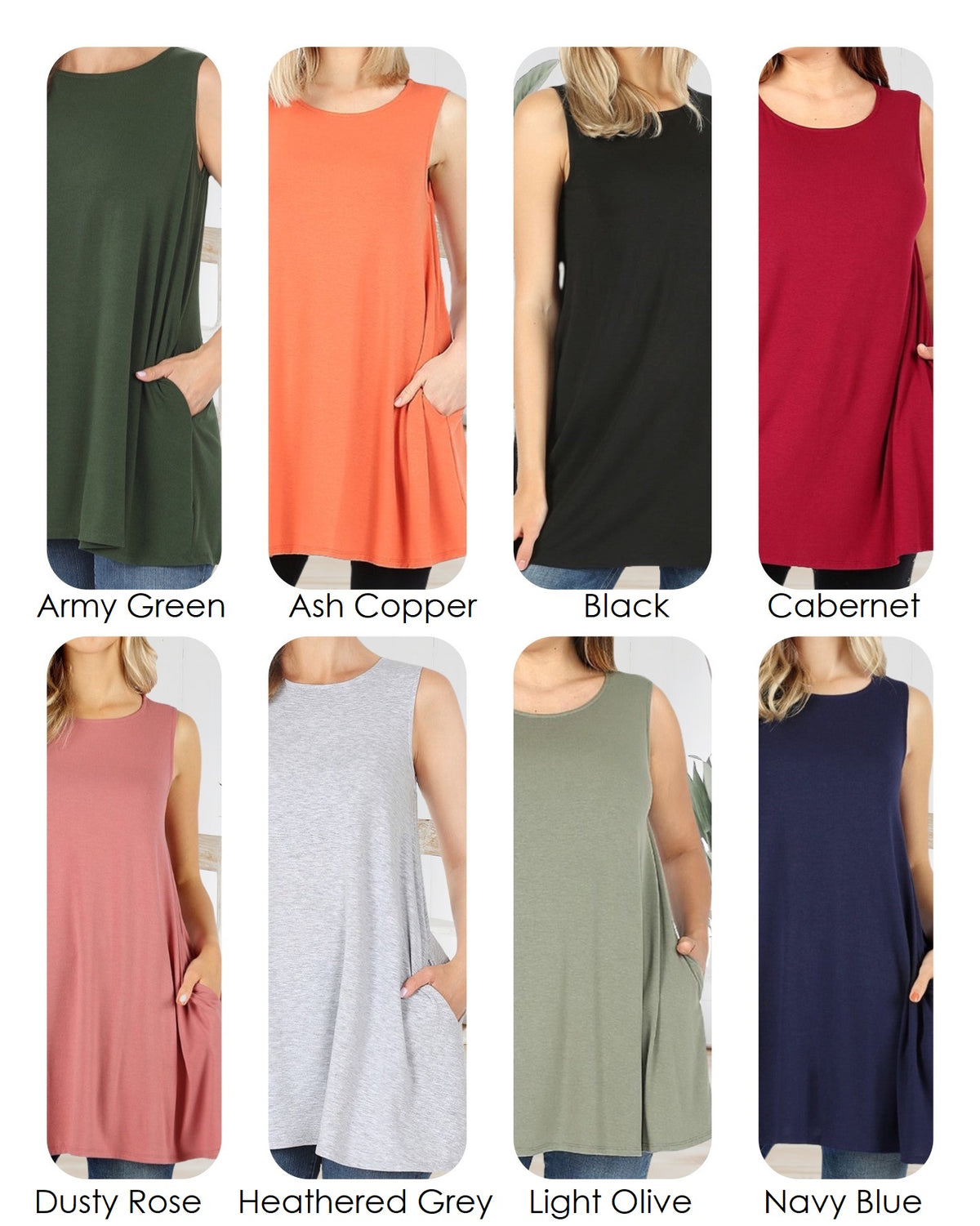 Solid Color Everyday Basic Essentials in Womens Apparel: Cindy Boat Neck Flared Tank Top Tunic with Pockets