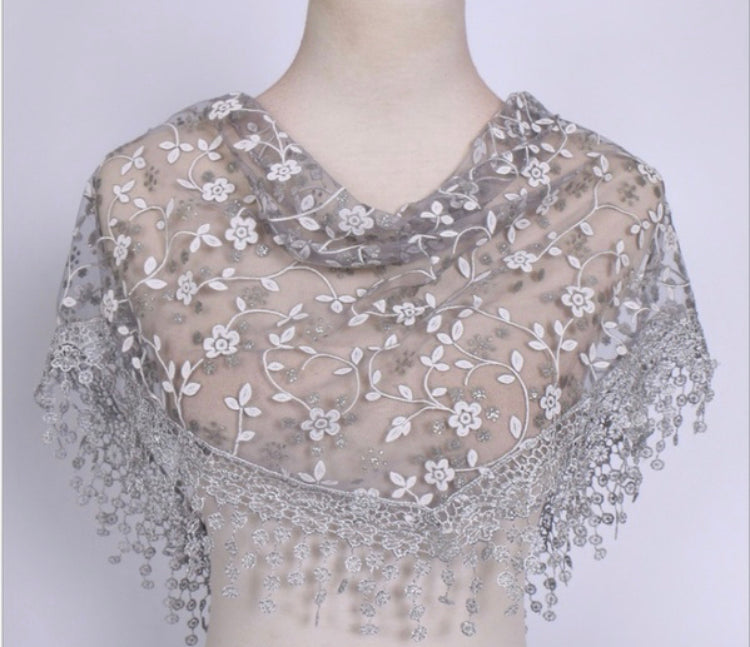 Grey Mist embroidered shawl shoulder drape triangle scarf with tassels on a plain background