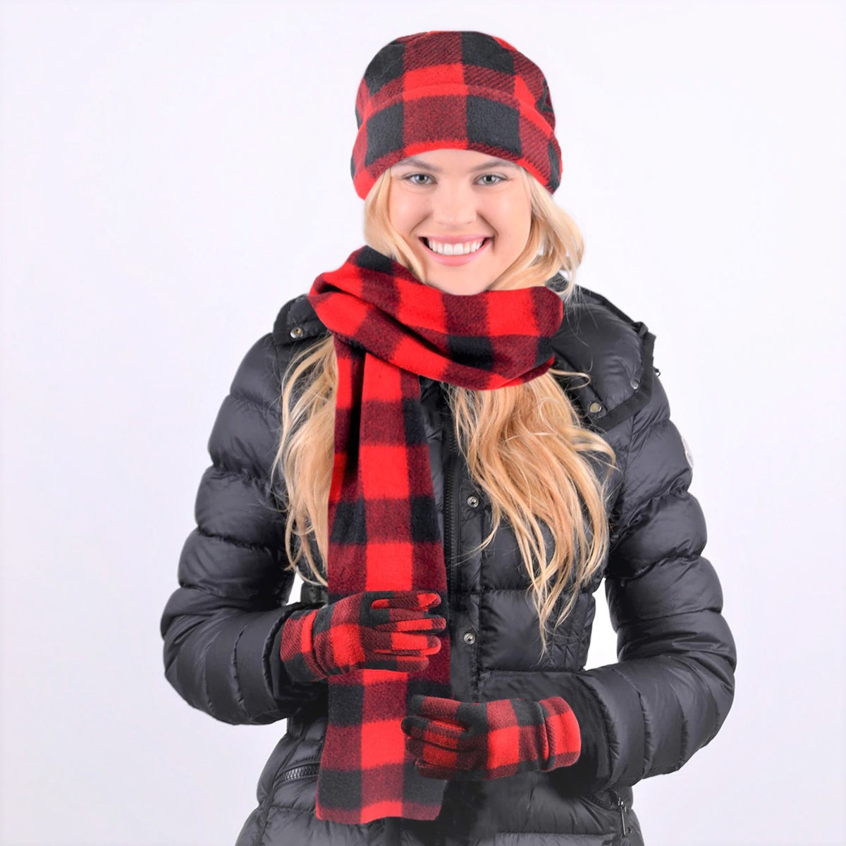 scarf, hat, gloves, fleece, winter, cold, clothing, women, red, plaid