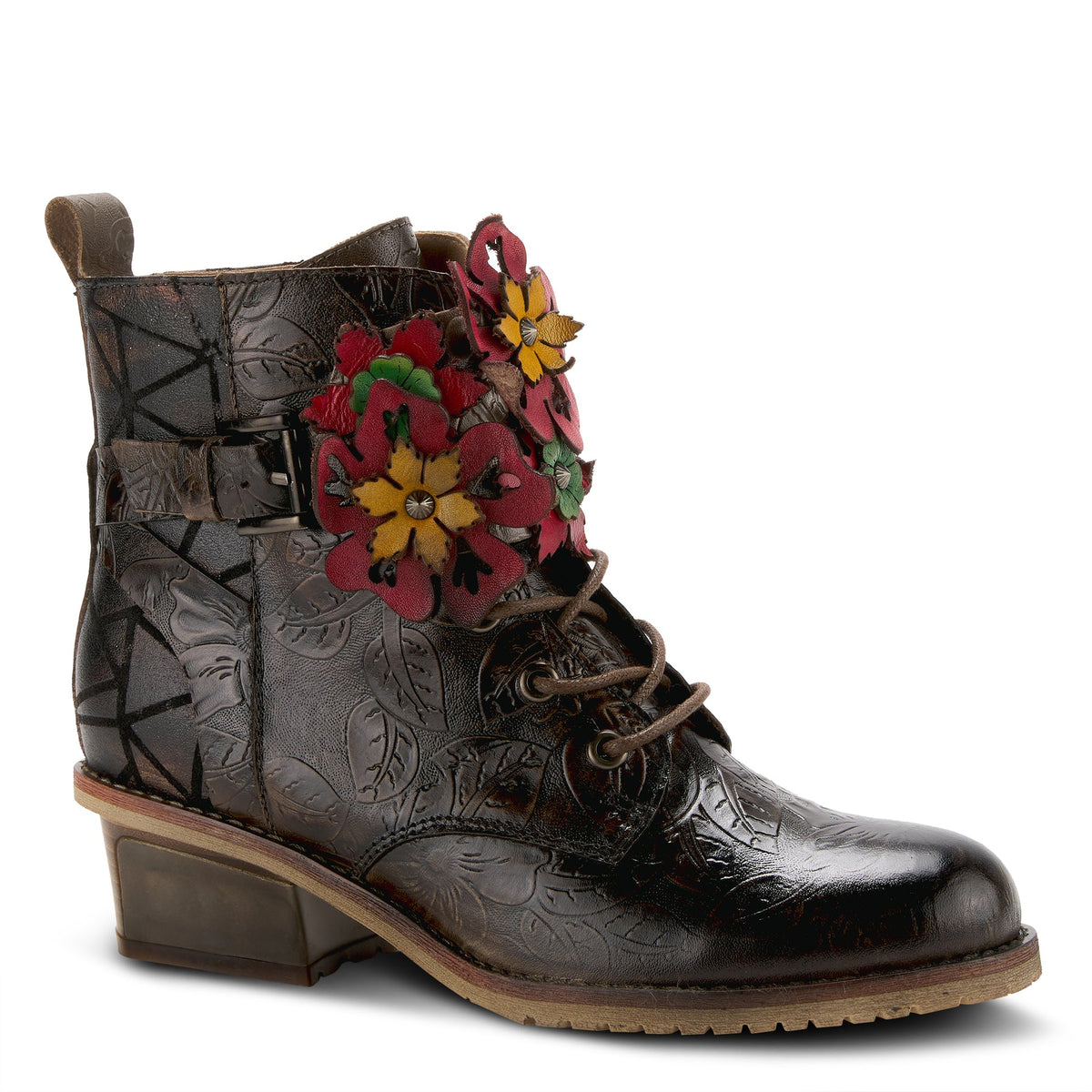 Dark brown L'Artiste Brand Groovie Booties with floral leather details and side zipper