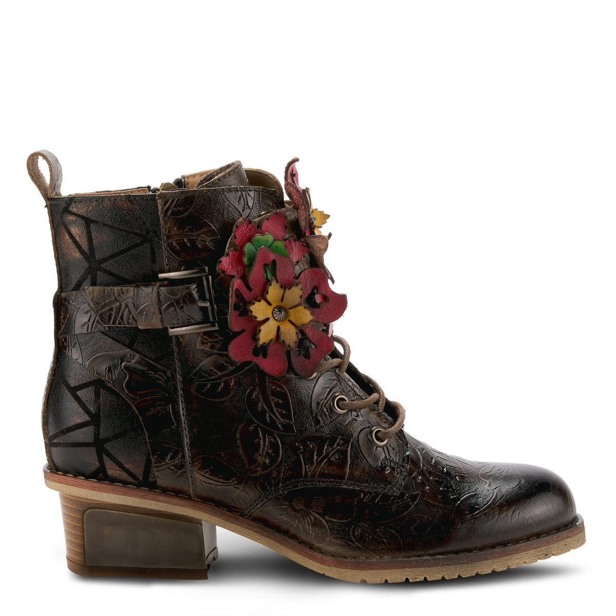 Dark brown L'Artiste Brand Groovie Booties with floral leather details and side zipper