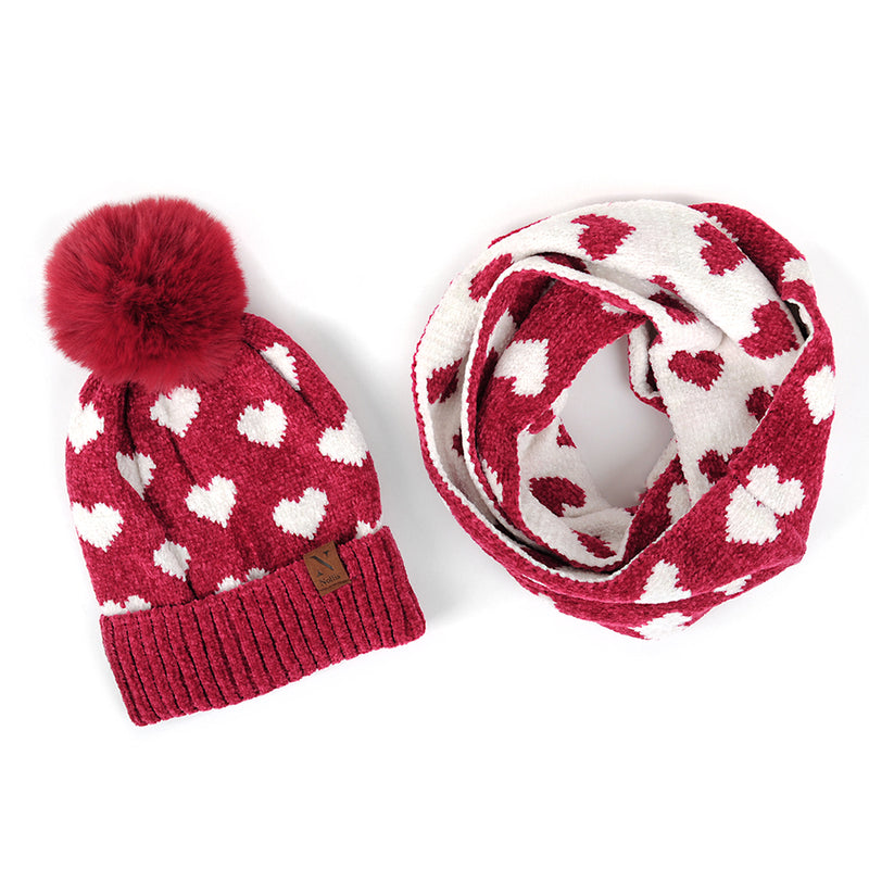 heart pom pom hat & scarf set