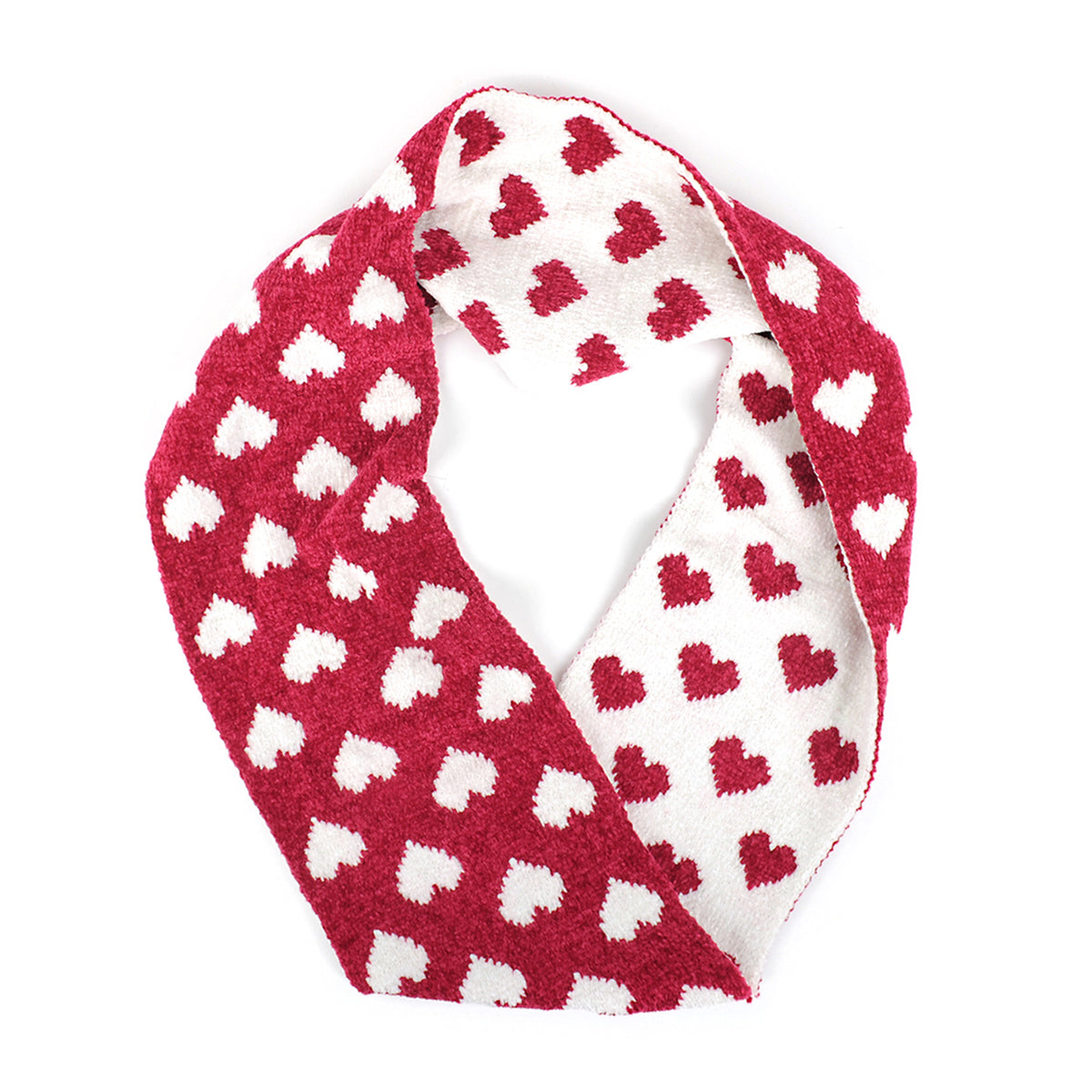 heart pom pom reversible infinity scarf red