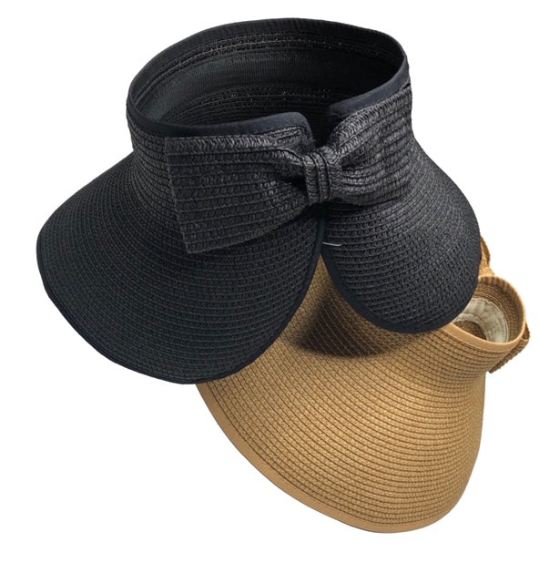 Bow Sun Visor Foldable Collapsible SunVisor Hat Beach Hat Collapsible Rollable Portable Velcro | availablein 7 colors: Black, Navy Blue, Coffee Brown, Red, Beige Tan, Hot Pink, White