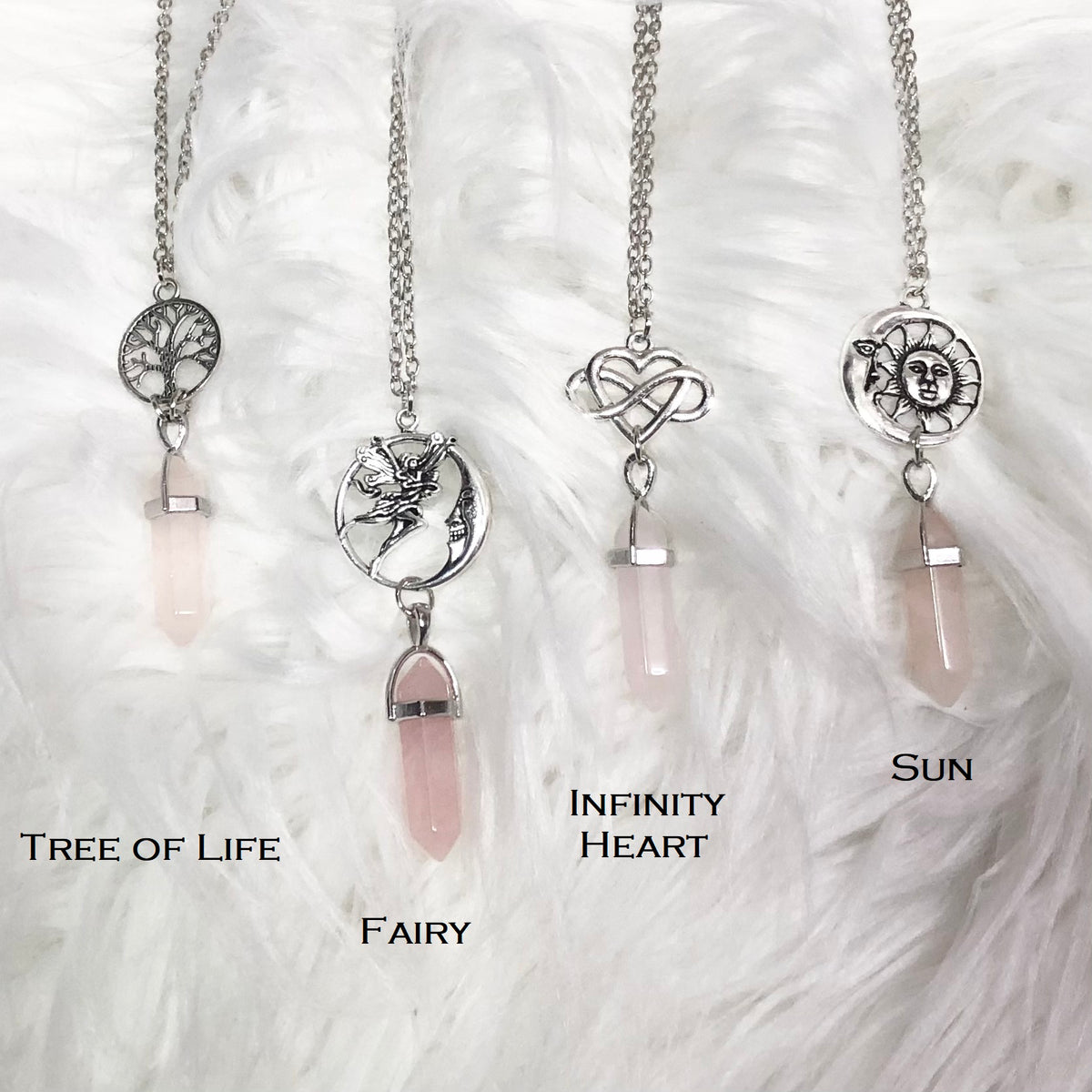 Crystal Gemstone Pendant Necklace - Amethyst - Lapis Lazuli - Malachite - Rose Quartz - Sun & Moon, Tree of Life, Fairy, Infinity Heart