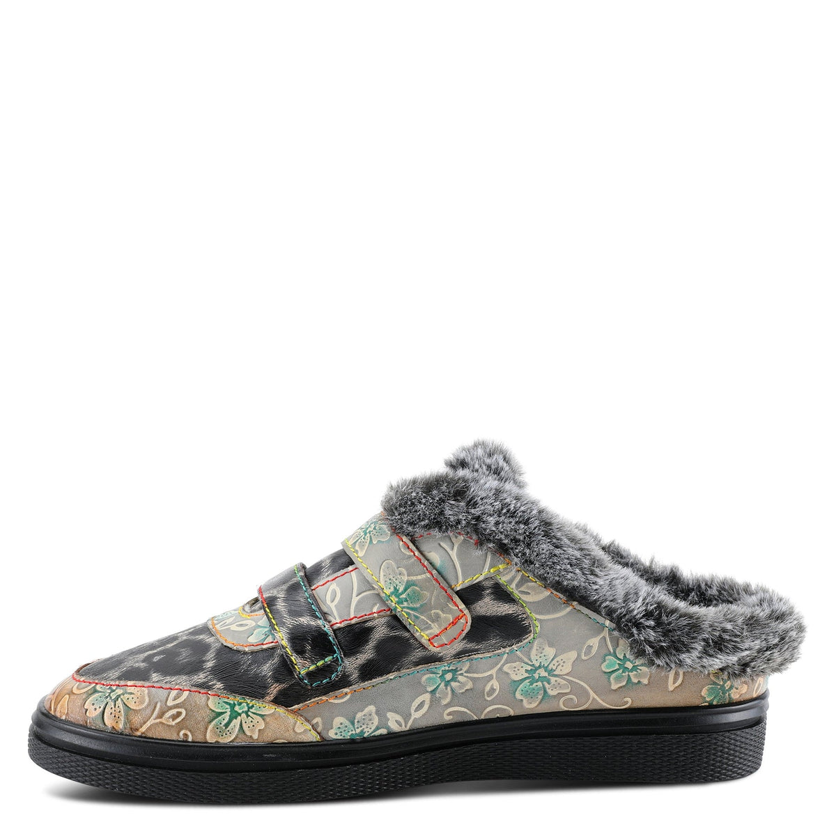 Slip-on shoe featuring an animal print trimmed in an embossed floral print and plush faux-fur with cozy lining on a flexible, comfortable sole. Style is Lamya by L'Artiste Springstep Footwear.