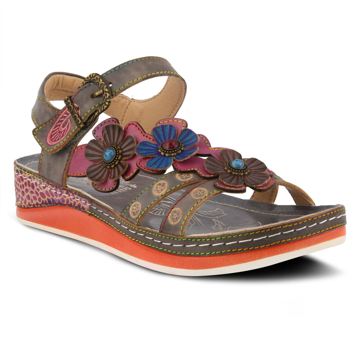 L'Artiste by Springstep Footwear Goodie French inspired, hand-painted leather asymmetrical sandal is full of color and charm with an embossed floral design complimented with dimensional multi-color leather flowers centered with ornate buttons to brighten any outfit!