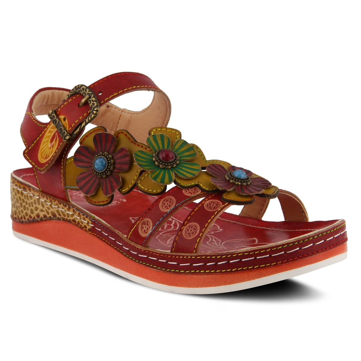 L'Artiste by Springstep Footwear Goodie French inspired, hand-painted leather asymmetrical sandal is full of color and charm with an embossed floral design complimented with dimensional multi-color leather flowers centered with ornate buttons to brighten any outfit!