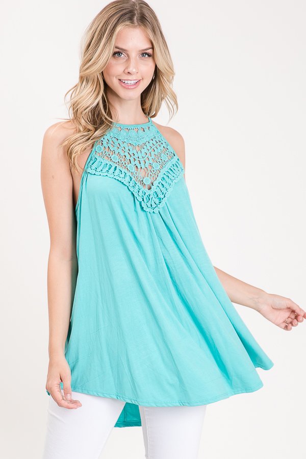 Lilly Soft Crochet Lace Womens Sleeveless Tank Top is a stylish flowing halter tank with a keyhole back detail and luxuriously soft rayon fabric. 