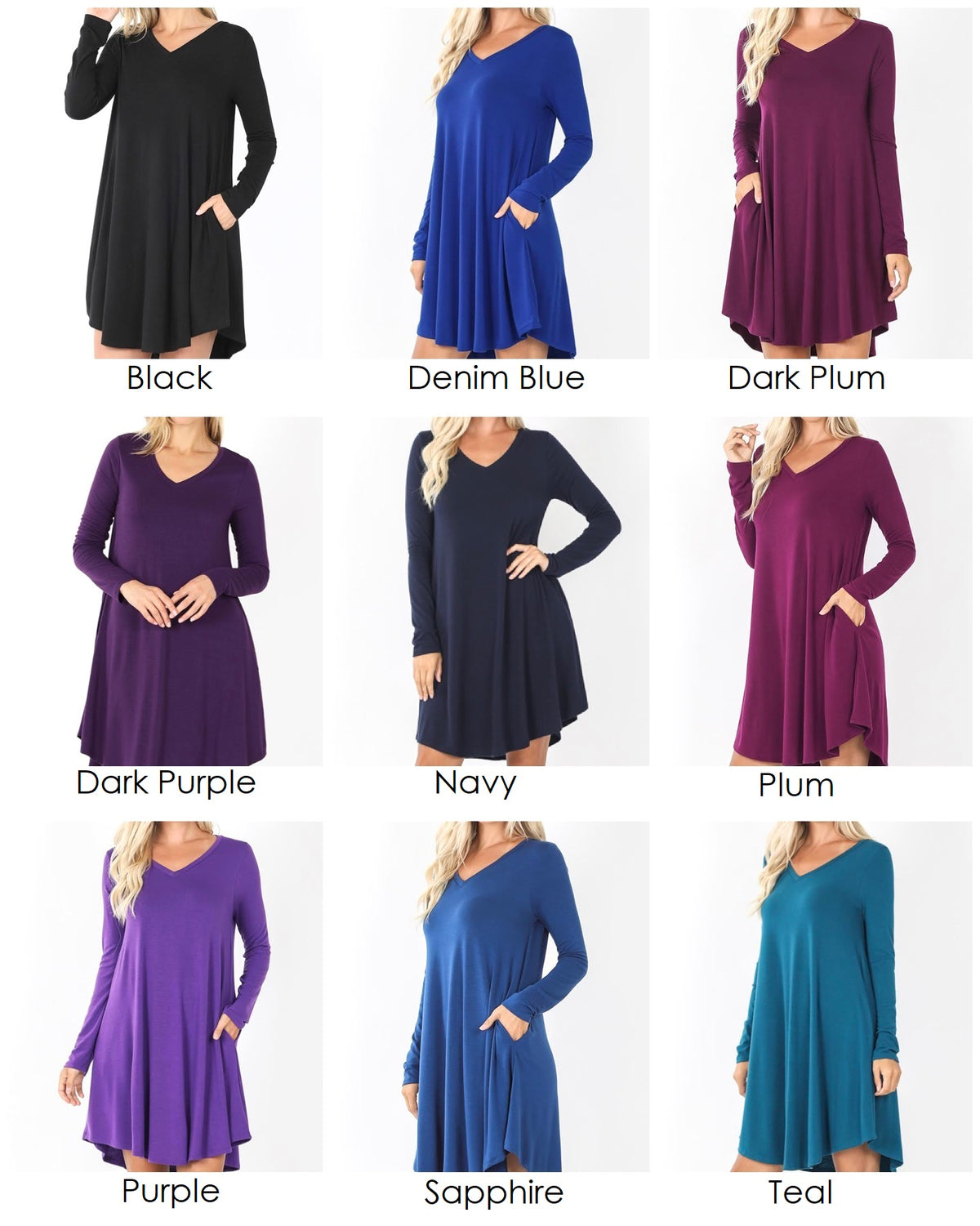 Linda Long Sleeve Womens Dress with Pockets v-neck rounded hemline available in 9 colors