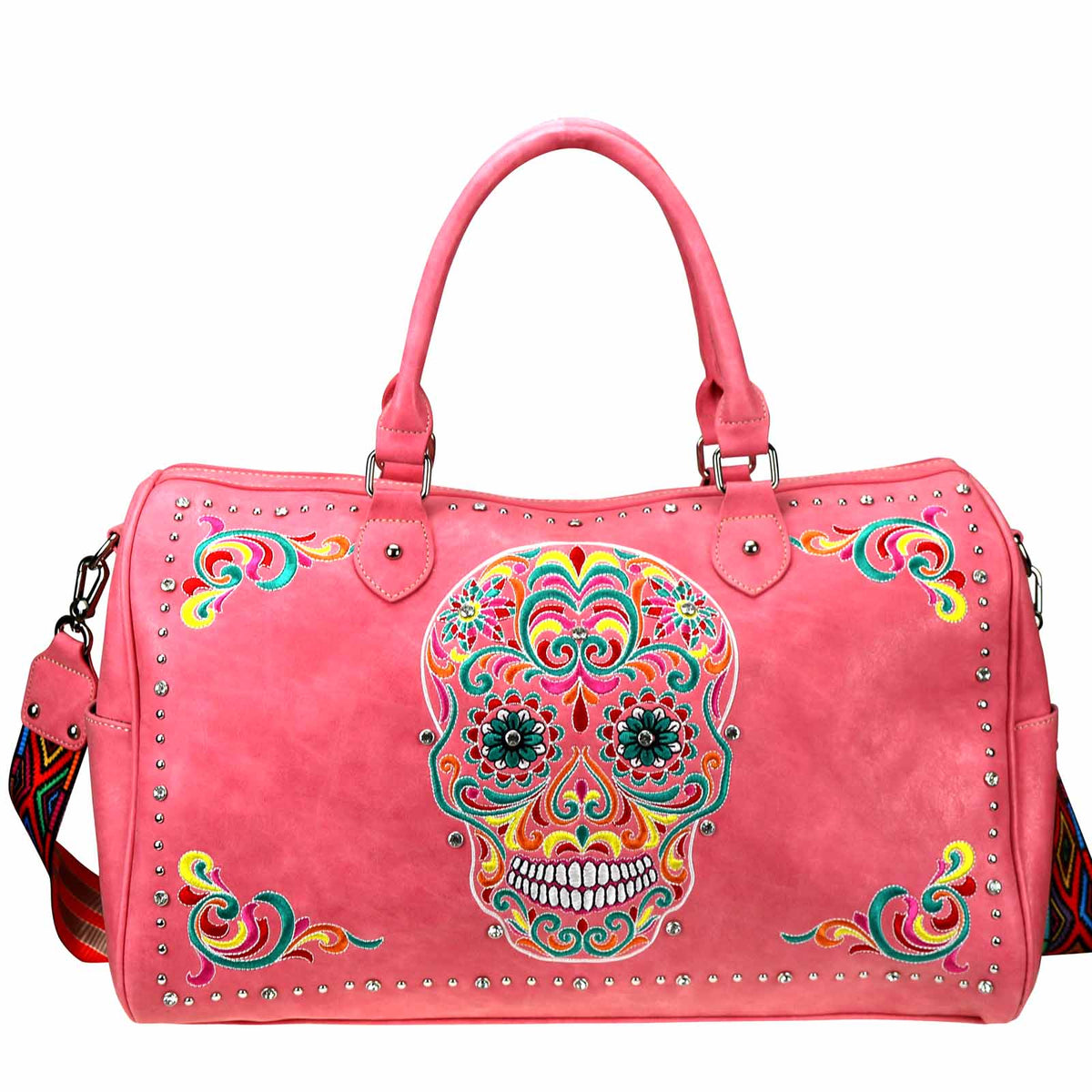 Embroidered Sugar Skull Duffle Bag:  Vibrant embroidered Sugar Skull   Accented with silver and crystal studs Top zippered closure An open pocket on each side with button closure Interior includes a zippered pocket and 2 open pockets  Metal feet on the bottom for protection and stability Detachable/adjustable shoulder strap Double handle 20" x 8" x 12.5" Double Handle Drop 6" Adjustable Strap Drop 18"
