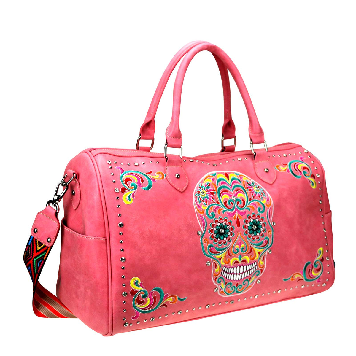 Want a Unique Duffle Bag? Take a look at our Embroidered Sugar Skull Duffle featuring a Vibrant Sugar Skull design accented with silver and crystal studs, top zipper closure, open button closure side pockets, interior zippered pocket and multiple open pockets, metal feet for protection and stability, detachable/adjustable shoulder strap, double handle, 20" x 8" x 12.5" dimensions. Gothic, Halloween, Punk, Alternative, Emo, Skull, Artistic, Unique, Statement Piece. 
