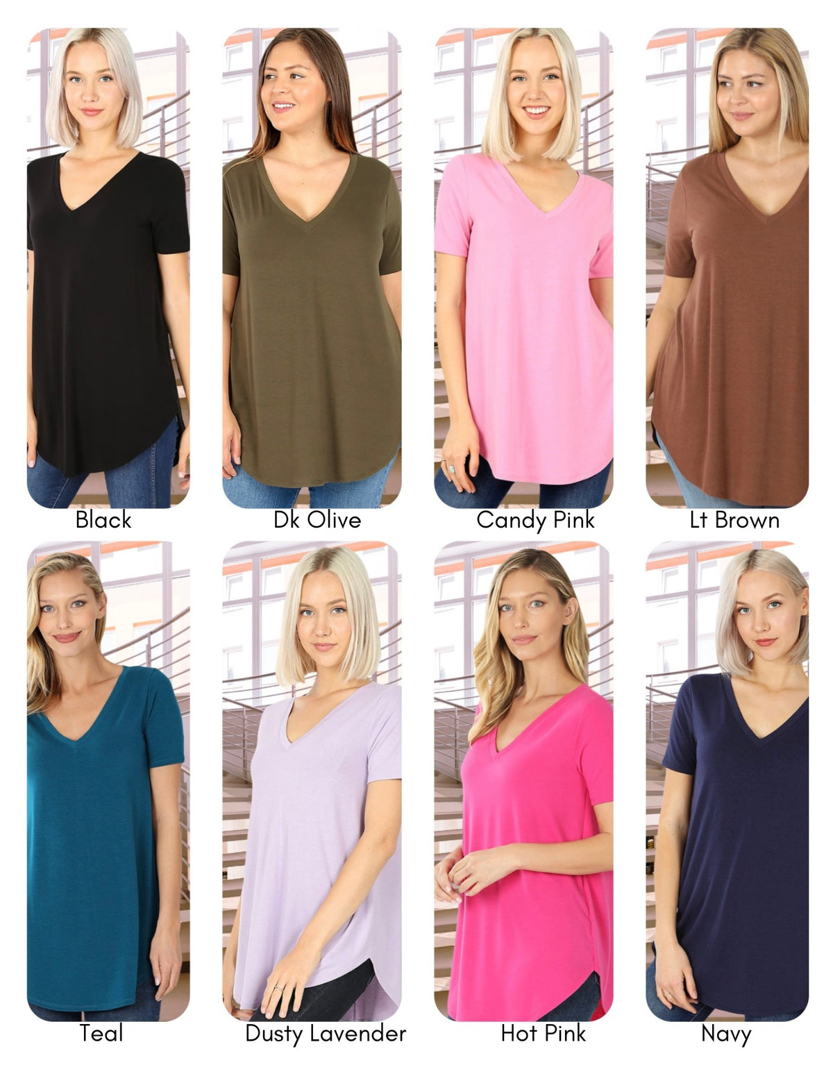 Short Sleeve V-Neck Rounded Curved Hem Stretchy Womens Shirt Top in several colors including: Black, Navy Blue, Candy Pink, Dark Olive Green, Dusty Lavender Purple, Hot Pink Fuschia, Light Brown, and Teal Blue | All Sizes | Small-3XL | Regular & Plus Sizes 