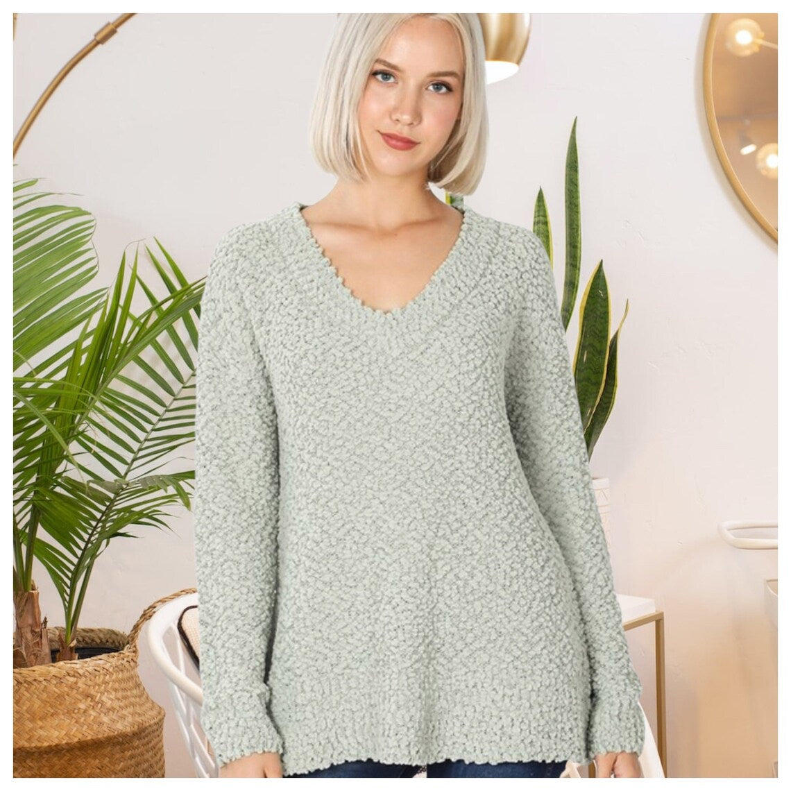 Soft & Stretchy Long Sleeve V-Neck Popcorn Sweater