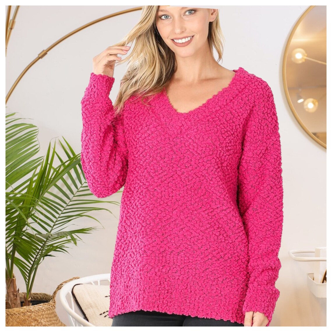 Soft & Stretchy Long Sleeve V-Neck Popcorn Sweater