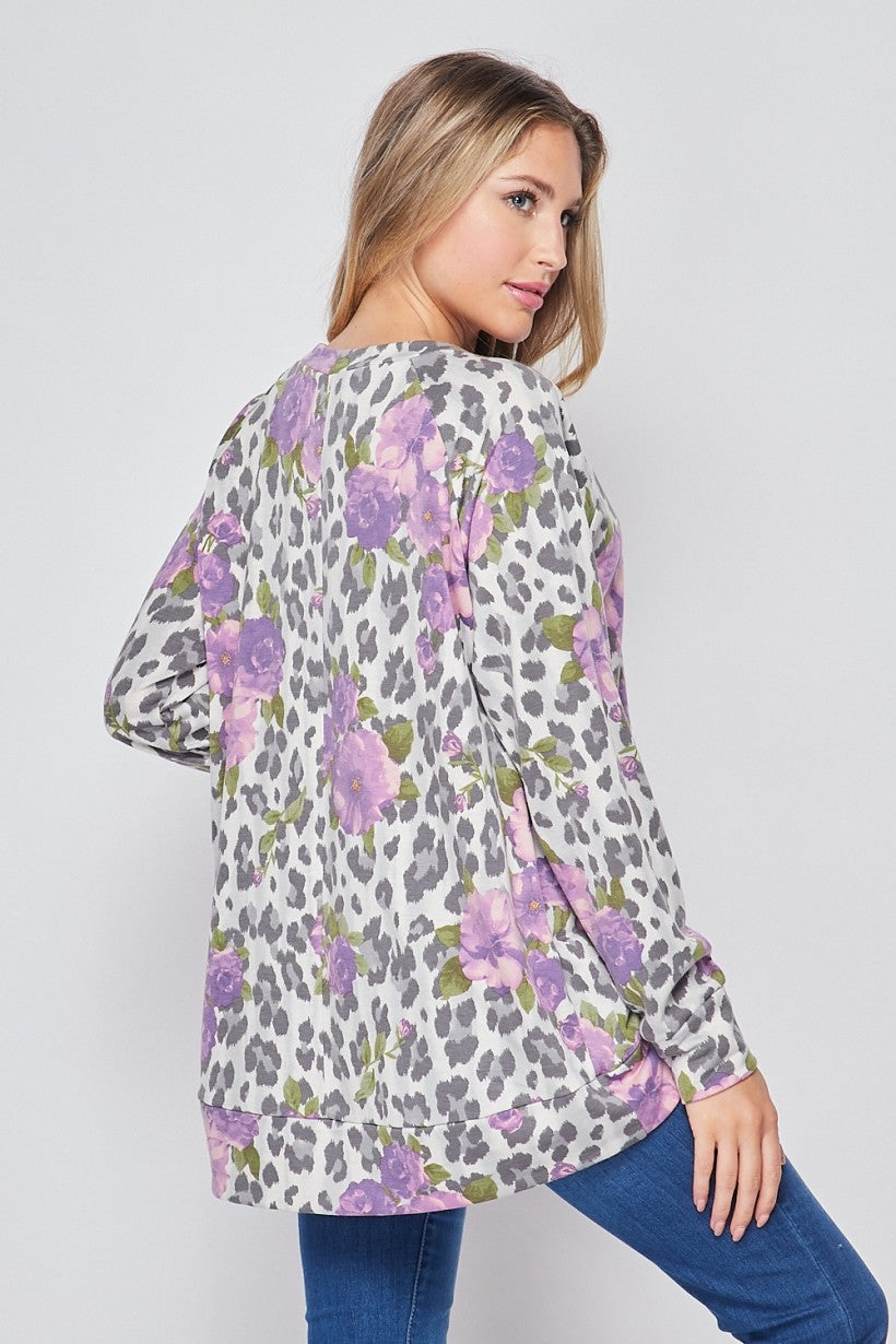 Purple Leopard Floral LongSleeve Top