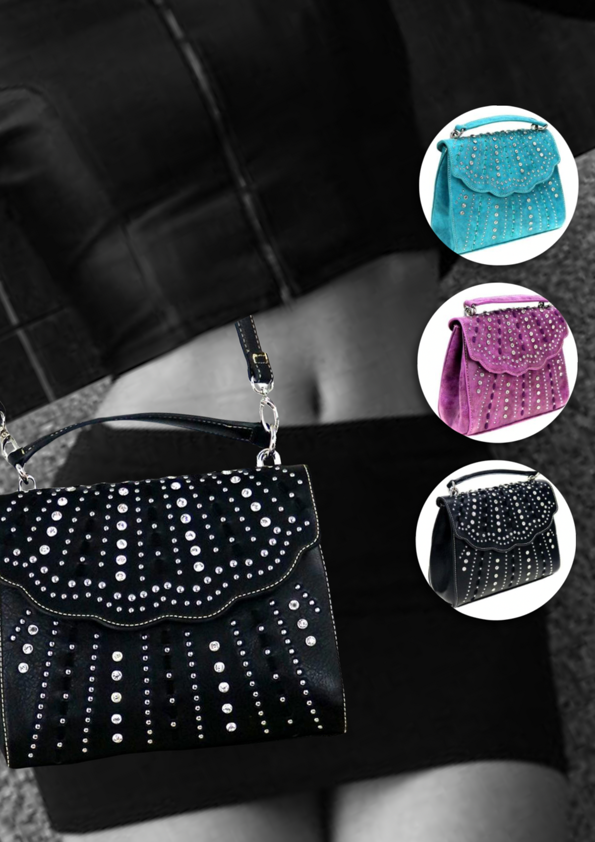bling satchel crossbody bag rhinestone diamond blue turquoise teal purple magenta black
