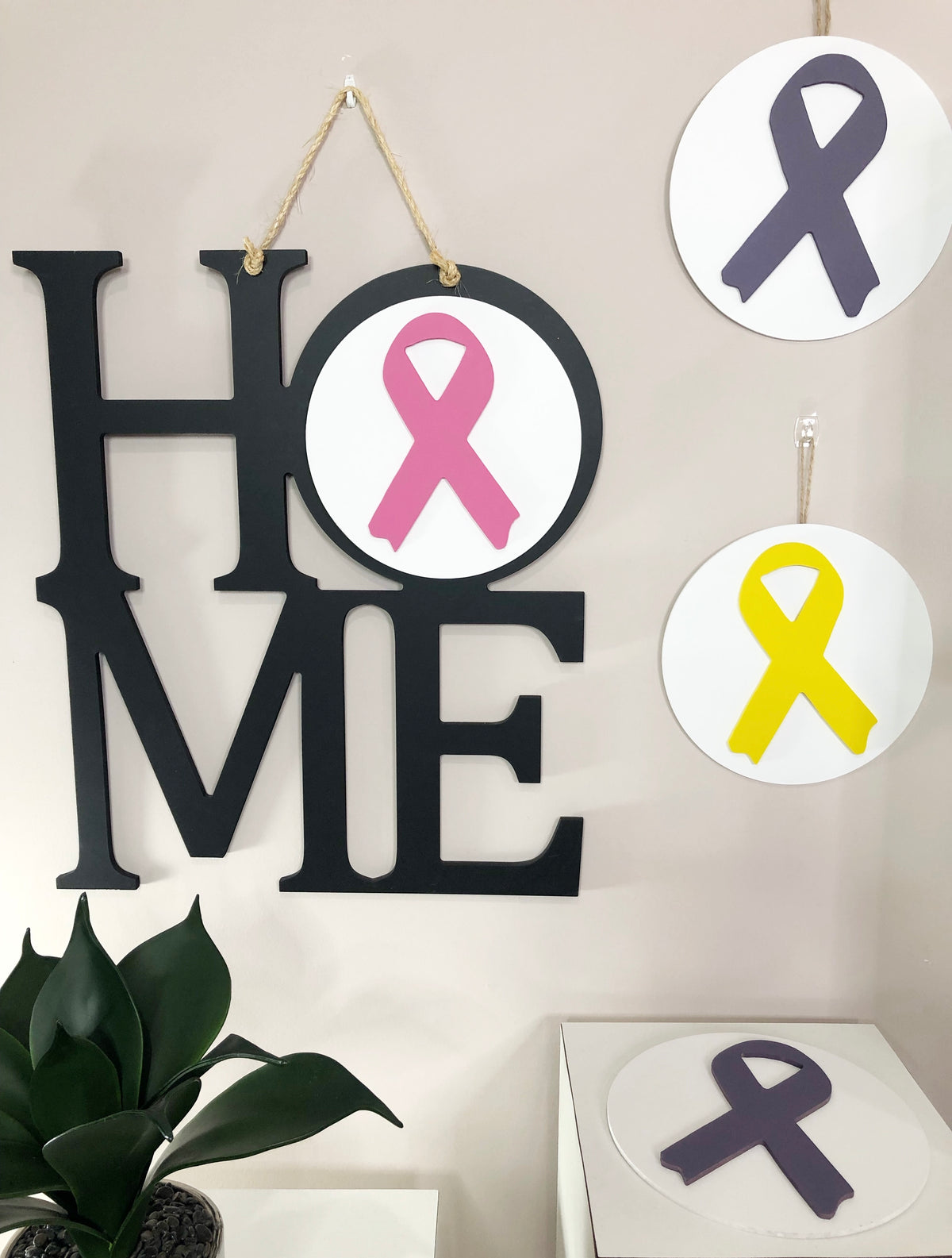 Interchangeable Home Sign Wooden Medallions Inserts Made in USA Home Decor HOME Mix & Match BCA Breast Cancer Ribbon Cancer Awareness Stop Cancer Pink Purple Yellow Gold Ribbon