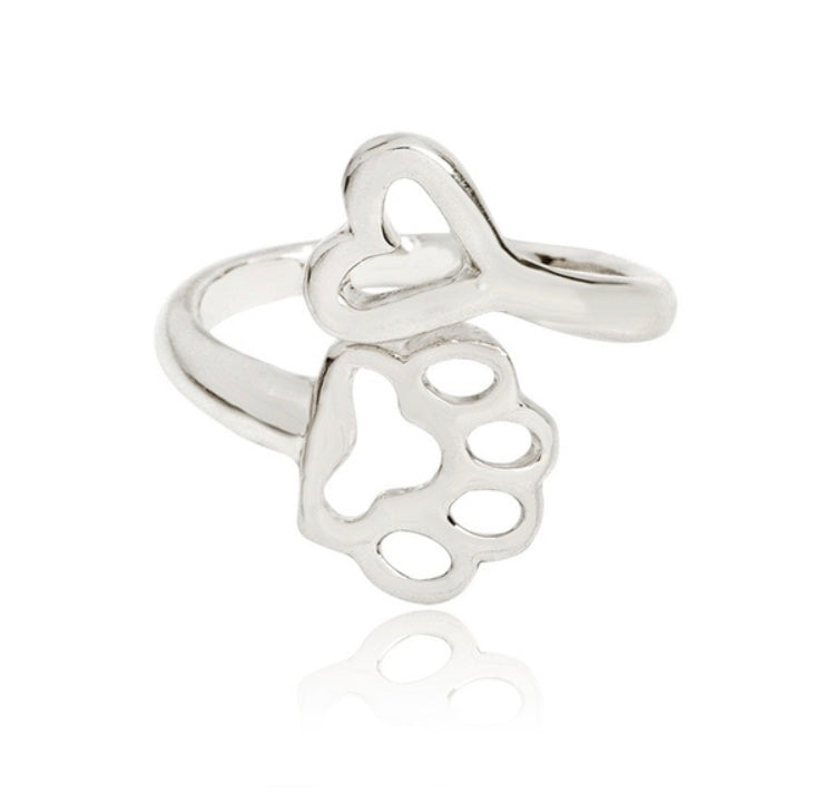 Adjustable Paw Print Heart Ring