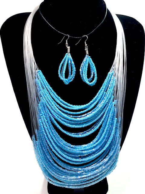 Illusion Bead Necklace & Earring Set Blue