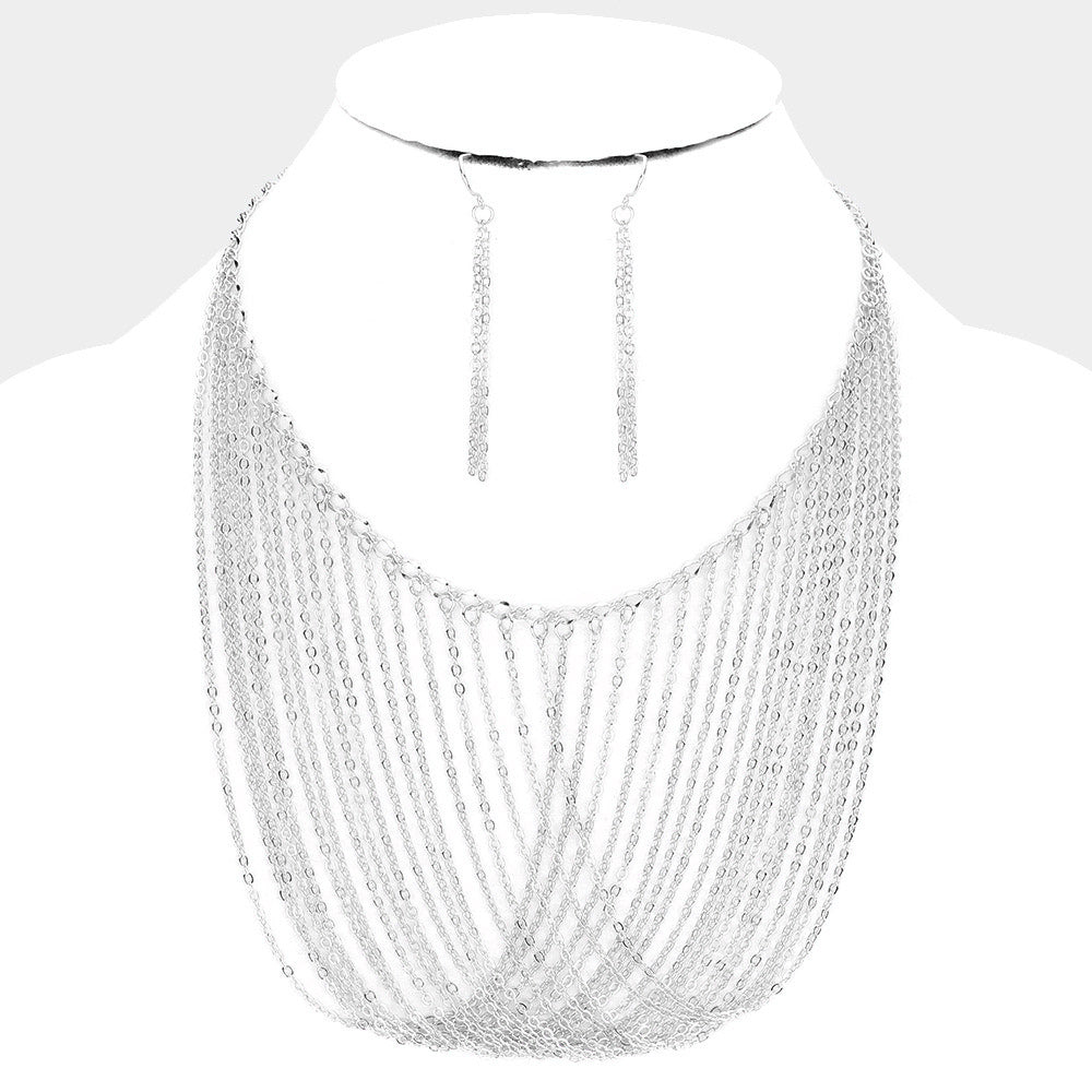 Draped Chain Necklace & Earring Set Silver