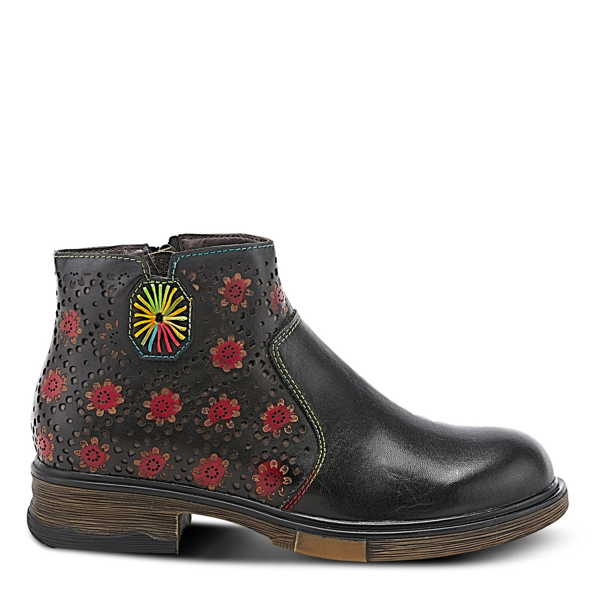 Fun leather L'Artiste by Springstep Footwear bootie showcasing beautiful abstract flowers, laser cuts, and our signature stitching on a comfortable outsole.