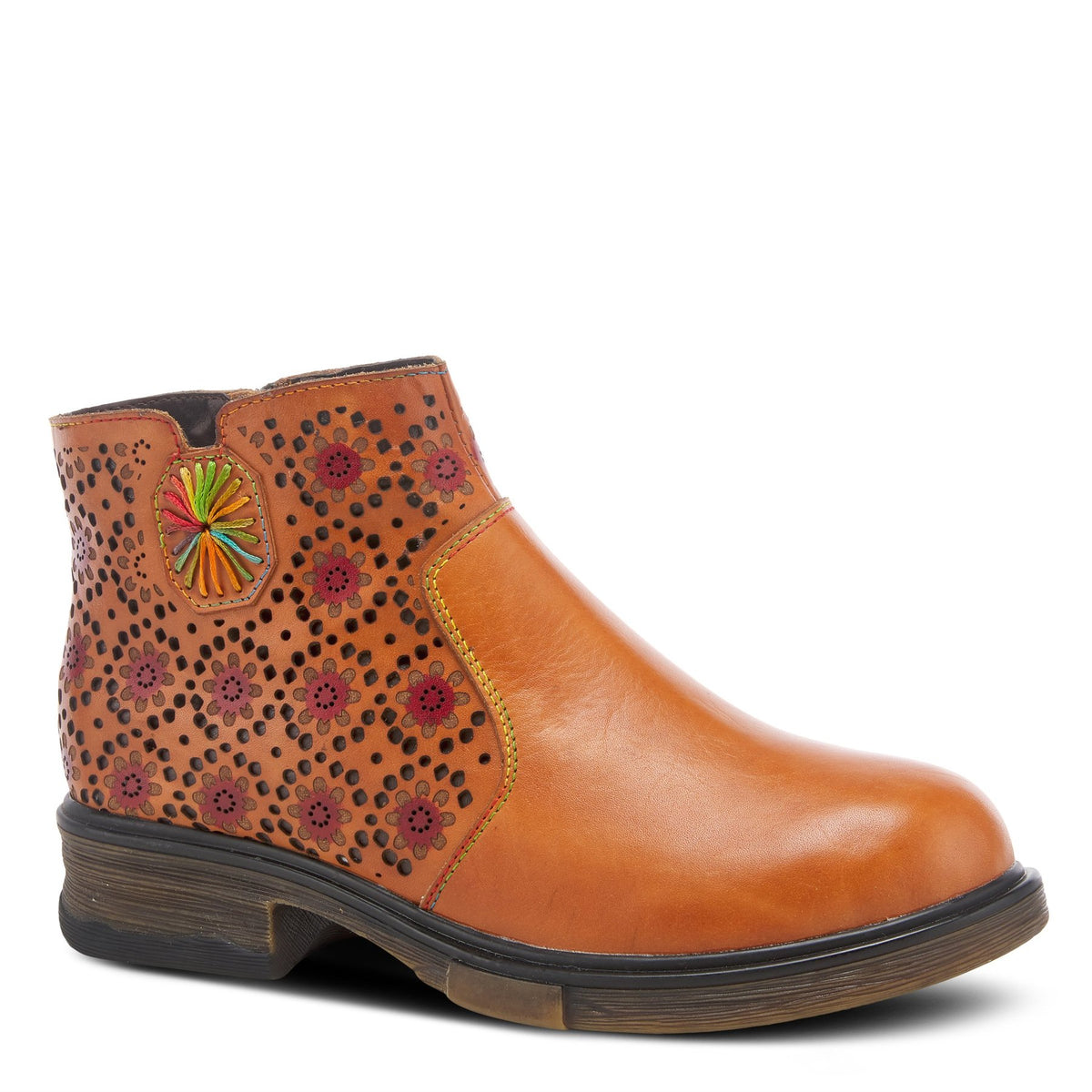 lartiste boots fall 2021 styles springstep footwearFun leather L'Artiste by Springstep Footwear bootie showcasing beautiful abstract flowers, laser cuts, and our signature stitching on a comfortable outsole.