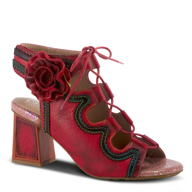 French inspired, hand-painted burnished leather ghillie sandal by L'Artiste Springstep Footwear featuring a hook and loop closure ankle strap with a decorative flower, rainbow stitching and waxed cotton laces on an architectural block hee