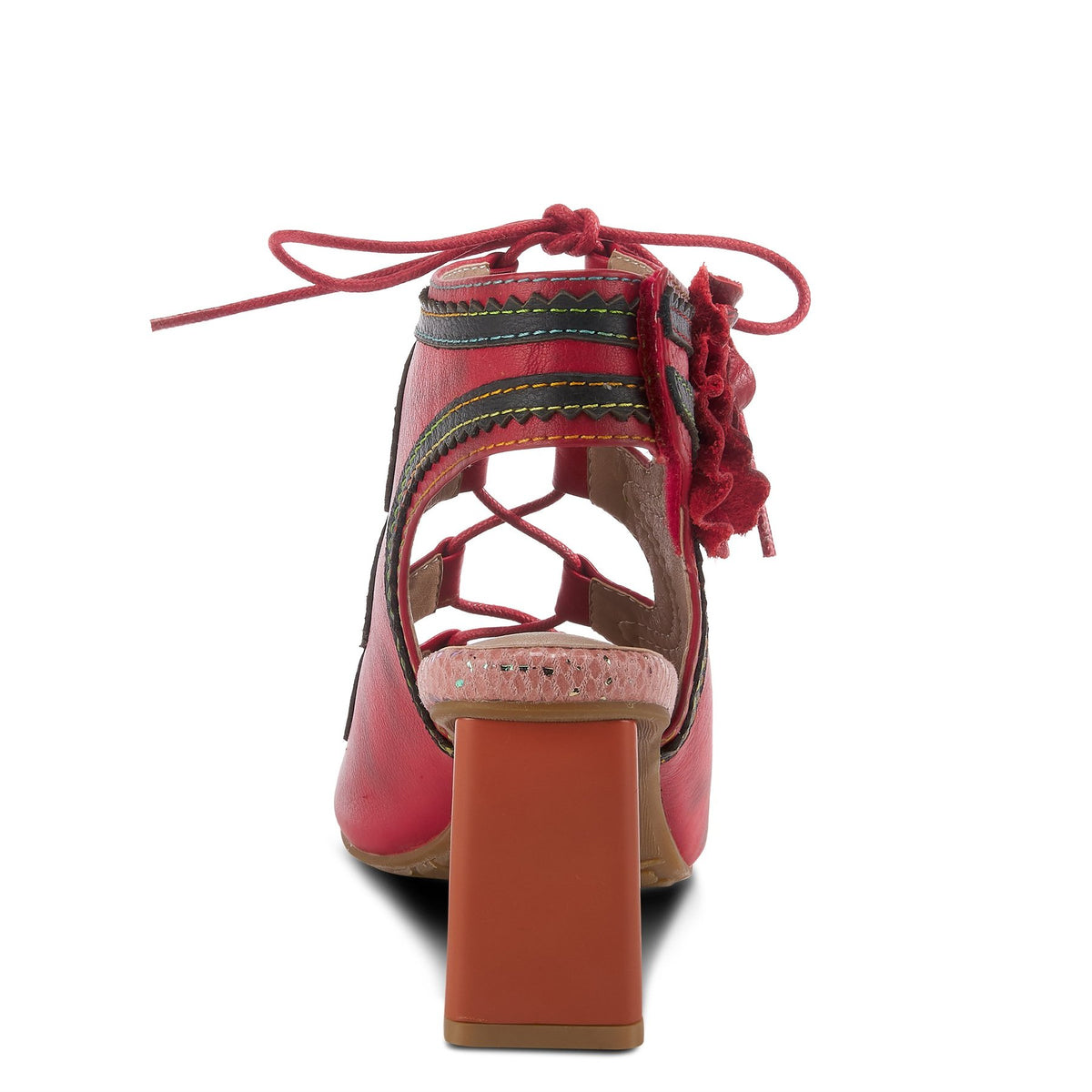 French inspired, hand-painted burnished leather ghillie sandal by L'Artiste Springstep Footwear featuring a hook and loop closure ankle strap with a decorative flower, rainbow stitching and waxed cotton laces on an architectural block hee
