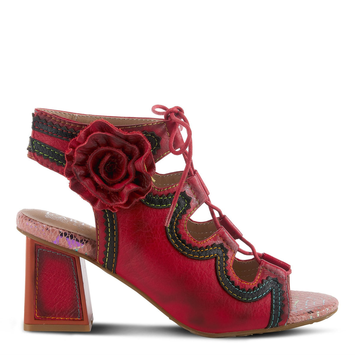 French inspired, hand-painted burnished leather ghillie sandal by L'Artiste Springstep Footwear featuring a hook and loop closure ankle strap with a decorative flower, rainbow stitching and waxed cotton laces on an architectural block hee
