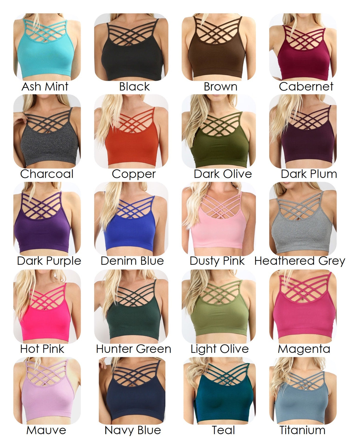 Seamless Triple Criss-Cross Short Crop Bralette: Soft and Stretchy, Solid Colors, Non-Padded, All Sizes Regular & Plus, Small - 3XL, Bra, Bralette, Criss-Cross, Strappy